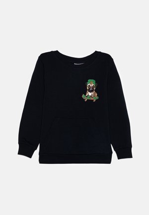 Sudadera negra de manga larga, con puños acanalados, cuello redondo y bolsillo frontal. Presenta un gráfico colorido de un carlino sobre una patineta.