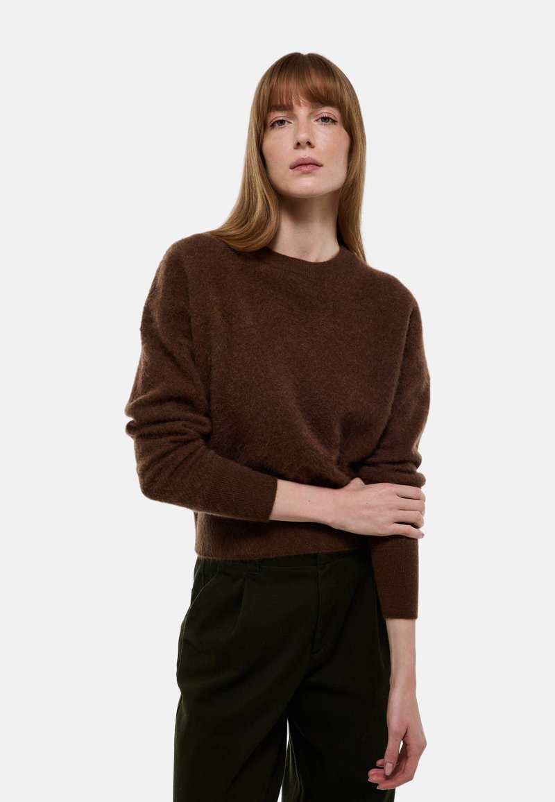 Pull marron en peluche, à manches longues, avec un col rond et une coupe décontractée. Assorti avec un pantalon vert foncé, créant un look simple et coordonné.
