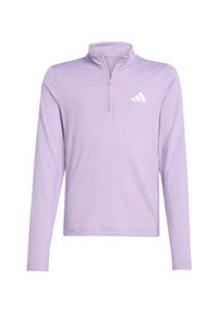 Light purple long-sleeve pullover with a quarter zip and white logo on the chest. Soft fabric, fitted design, and no patterns or accents.