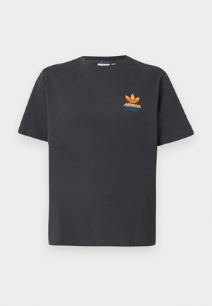 Black cotton t-shirt with short sleeves, crew neck, featuring an orange Adidas logo graphic on the left chest and blue text below.