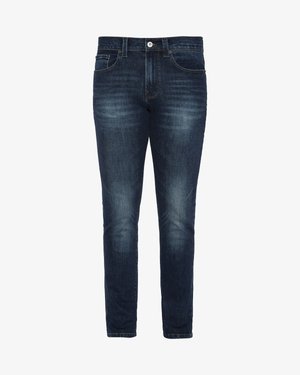 Ciemnoniebieskie dżinsy o slim fit, z zapięciem na guzik, pięcioma kieszeniami i delikatnym spraniem na udach i kolanach.