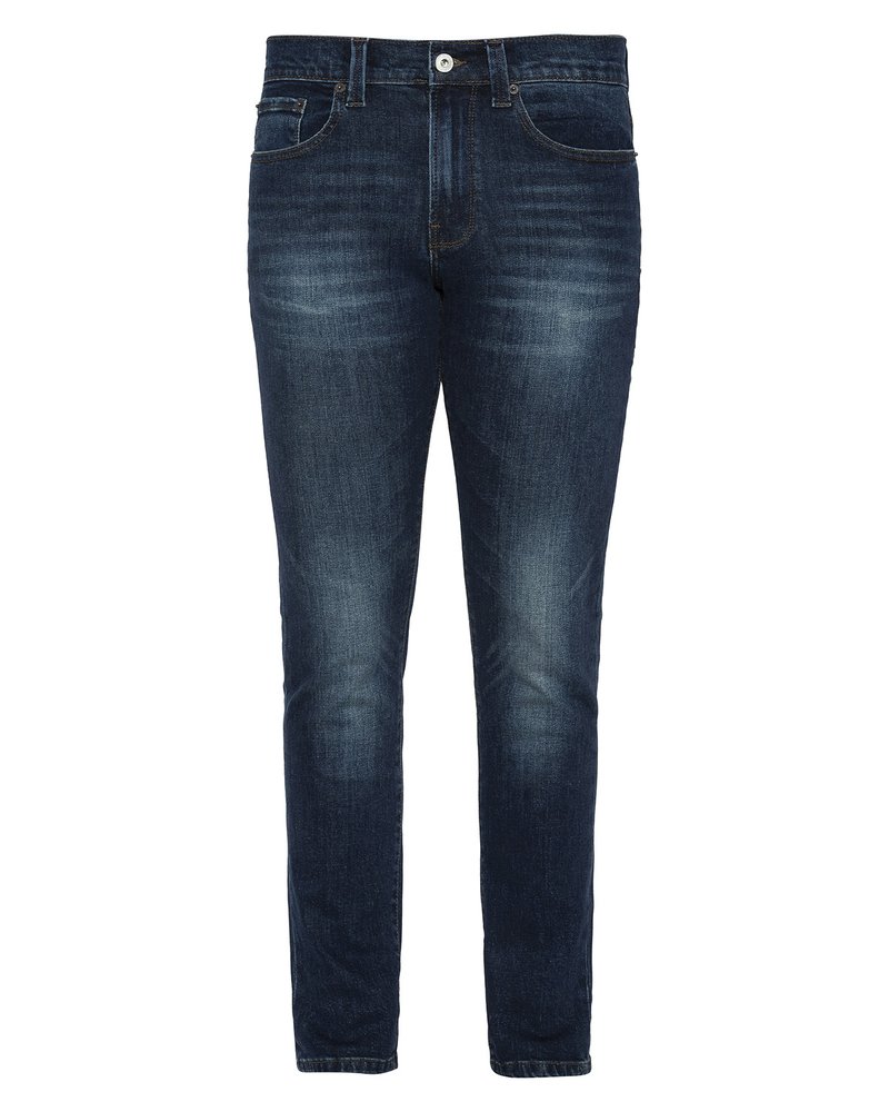 Vaqueros de denim azul oscuro con un corte ajustado, cuentan con un cierre de botón, diseño de cinco bolsillos y ligero desvanecimiento en los muslos y las rodillas.