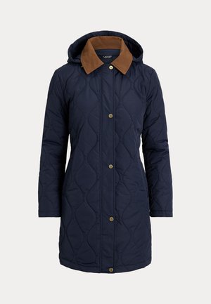 Navy blue quilted long coat with brown collar, hood, and gold snap button closures down the front.