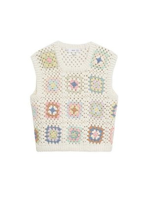 Gehaakte vest in crème met een vierkant patroon in pastelkleuren. Mouwloos ontwerp, textuurafwerking en een brede halslijn.