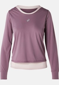 Maglia atletica a maniche lunghe in lavanda con un colletto a girocollo di un viola più chiaro. Tessuto morbido, logo discreto sul petto, orlo rifinito e polsini.