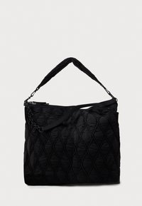 Borsa tote nera trapuntata con motivo a diamante testurizzato, dotata di tracolla a catena e tessuto. Chiusura con cerniera nella parte superiore.