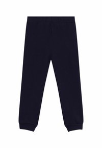 Pantalons de survêtement bleu marine en coton doux, avec un poignet ajusté à la cheville. Dotés d'une taille élastique pour un confort optimal et une facilité d'enfilage.