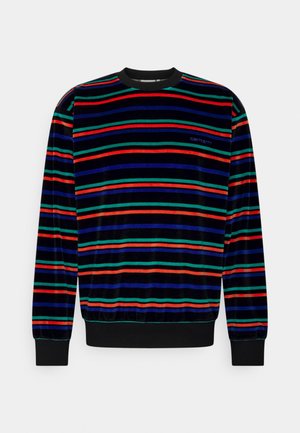 Sort velour sweatshirt med lange ærmer og vandrette striber i rød, grøn og blå, med ribbede manchetter, kant og lille logo på brystet.