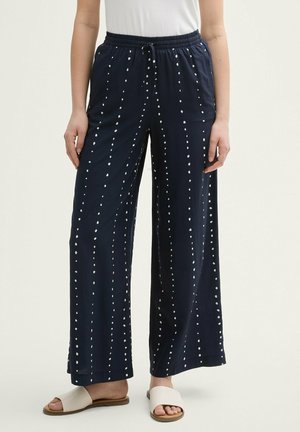 Pantalones de pierna ancha en color azul marino con cintura elástica y cordón, presentan patrones verticales de puntos blancos. Tejido suave con un corte relajado y bolsillos laterales.