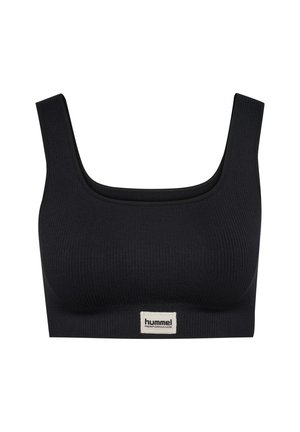 Bralette nera a costine con scollatura quadrata, spalline larghe e una toppa con logo sulla parte anteriore. Tessuto morbido, elastico e dal design aderente.