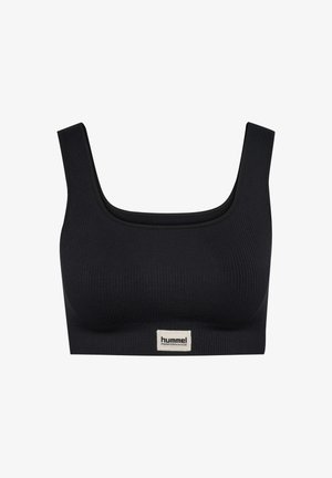 Bralette nera a costine con scollatura quadrata, spalline larghe e una toppa con logo sulla parte anteriore. Tessuto morbido, elastico e dal design aderente.