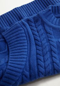 Pull tricoté bleu roi présentant des côtes texturées et un motif en torsades. Tissu doux et chaud avec des designs de points variés.