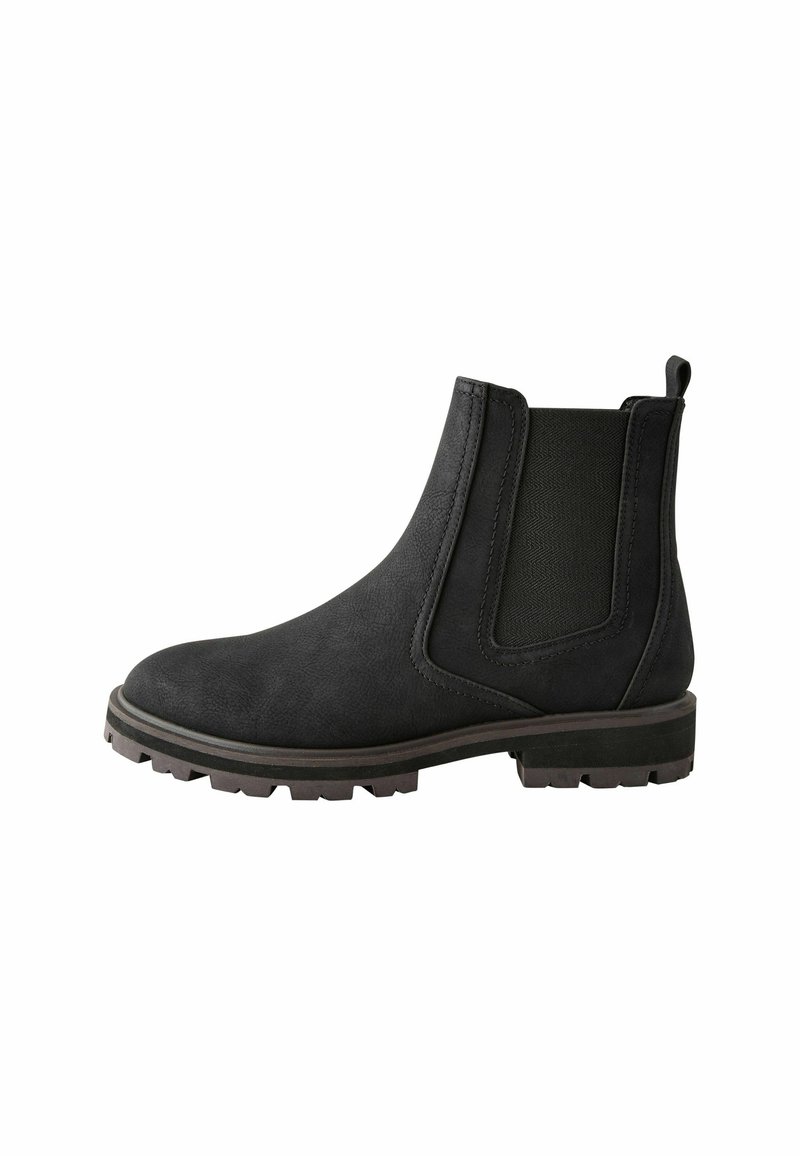 Mustad mustad Chelsea saapad, mis on valmistatud tekstureeritud materjalist, elastsete külgpaneelidega, ümarate varvastel ja rugged põhjaga, mis tagab haarde.