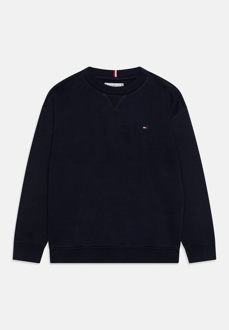 Sweat-shirt bleu marine à col rond avec poignets et ourlet côtelés, petit logo rouge, blanc et bleu sur le côté gauche de la poitrine.