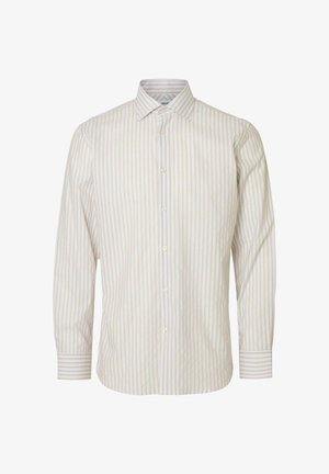 Gaišas pogu krekliņš ar vertikālajām svītrām maigos toņos. Ar klasisku apkakli un garām piedurknēm ar kontrastējošu aproču detaļu.