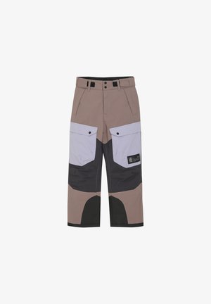 Cargo-Hosen aus Mischmaterialien in Beige, Dunkelgrau und Helllila. Verfügen über mehrere Taschen und ein schwarzes Logo-Patch.