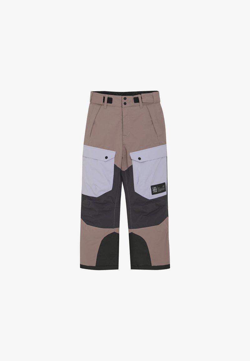 Pantaloni cargo realizzati in materiali misti nei colori beige, grigio scuro e viola chiaro. Presentano molteplici tasche e un'etichetta con logo nera.