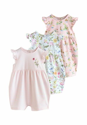 Three sleeveless baby rompers with ruffled sleeves; one pink striped with butterfly embroidery, one white with floral print, and one pink with bunny print.