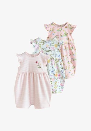 Trois grenouillères pour bébé sans manches avec des manches à volants ; une rose rayée avec une broderie de papillon, une blanche avec un imprimé floral, et une rose avec un imprimé de lapin.