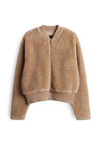 Giacca bomber beige realizzata in un materiale morbido e testurizzato, con zip frontale, orlo e polsini a costine e scollatura rotonda.