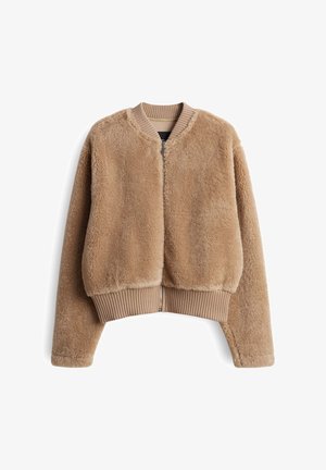Beige bomber jacket made of soft, textured material with a front zipper, ribbed hem and cuffs, and a round neckline.