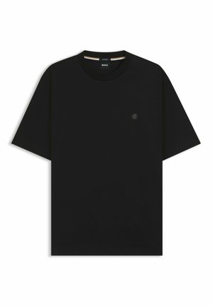 Black crew neck t-shirt made of soft cotton, featuring short sleeves and a subtle embroidered logo on the chest. Smooth texture.