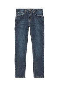 Tummansiniset slim-fit farkut, joissa on etupainike ja vetoketju, kaksi etutaskua ja pieni kolikoitasku, esitelty valkoista taustaa vasten.