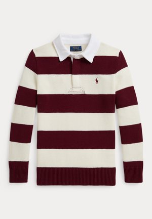 Polo de manga longa listrado em marrom e creme com punhos e barra com nervuras, apresentando um colarinho branco e um logótipo no lado esquerdo do peito.