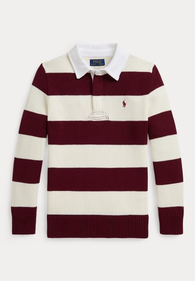 Bordó és krémszínű csíkos hosszú ujjú póló, bordázott mandzsettákkal és lévő aljjal, fehér gallérral és logo-val a bal mellen.