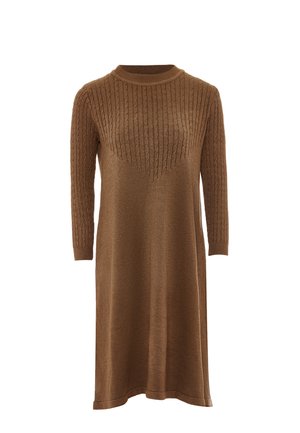 Brown knitted dress with a high neckline, 3/4 sleeves, featuring a textured cable pattern across the chest and a straight, loose fit skirt.