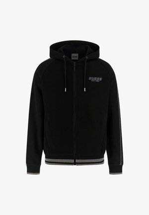 Black zip-up hoodie featuring a gray logo, contrasting side stripes, and ribbed cuffs and hem. Made from soft fabric with a relaxed fit.