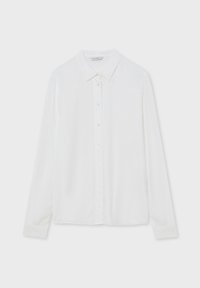 Camicia bianca a maniche lunghe con colletto, chiusura frontale a bottoni e texture del tessuto liscia. Presenta bottoni trasparenti e un orlo dritto.