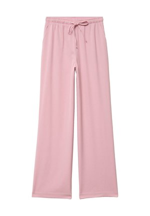 Pantalones anchos color rosa claro con cintura elástica y cierre de cordón, hechos de tela suave y fluida.