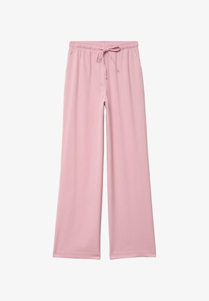 Pantalones anchos color rosa claro con cintura elástica y cierre de cordón, hechos de tela suave y fluida.