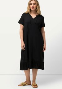 Ulla Popken SPLIT NECK SHORT SLEEVE MIDI  - Trikoomekko - black