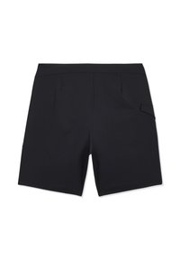Shorts de bain noirs pour hommes vus de dos avec une taille plate et une petite poche sur le côté droit.