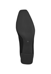 Semelle de chaussure noire avec une finition lisse, un motif de traction texturé et un capuchon au talon. Taille marquée comme 37 pour identification.