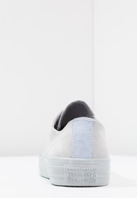 Sneaker in suede grigio chiaro con finitura testurizzata, caratterizzato da un morbido tallone blu e suola in gomma impressa con "Converse All Star."