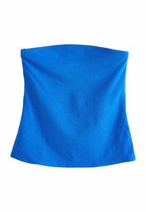 Lyseblå strapless tube top med en glat tekstur, let udvidet i bunden, vist mod en hvid baggrund.