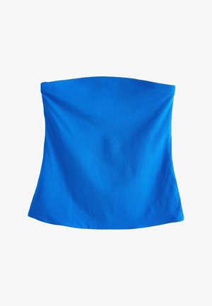 Jasně modrý páskový tubový top s hladkou texturou, mírně rozšířený na spodní straně, zobrazený na bílém pozadí.