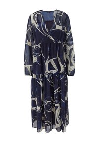 Dunkelblaues Wickelkleid mit langen Ärmeln, geschichtetem Design und einem hellen, abstrakten Muster in Creme- und Blautönen, aus einem transparenten Stoff gefertigt.