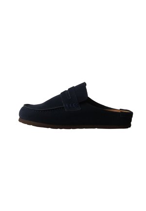 Dark blue slip-on mule shoe with a loafer-style front and brown sole, shown in side profile on a white background.