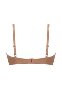 Světle hnědá podprsenka s hladkým saténovým povrchem, s kosticemi, nastavitelné ramínka a zapínání na háček na zádech. Minimalistický design.