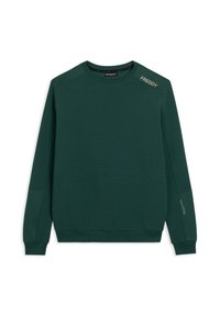 Felpa verde realizzata in tessuto testurizzato. Presenta un colletto rotondo, polsini a coste e un logo "FREDDY" sulla spalla.