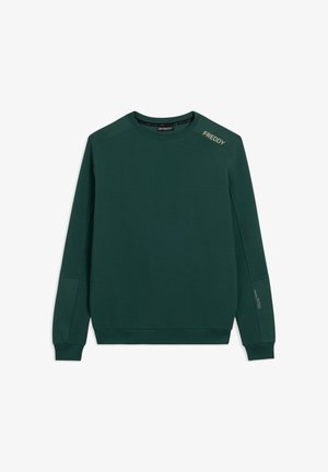 Felpa verde realizzata in tessuto testurizzato. Presenta un colletto rotondo, polsini a coste e un logo "FREDDY" sulla spalla.