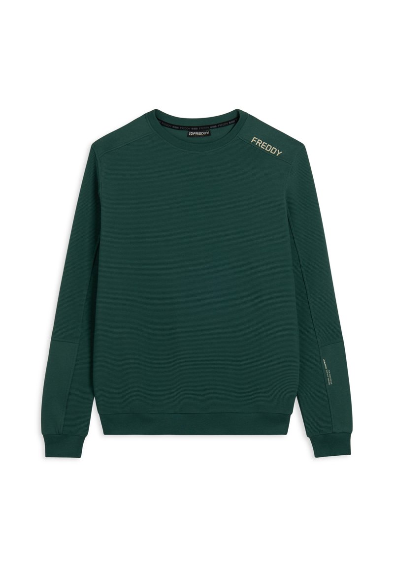 Felpa verde realizzata in tessuto testurizzato. Presenta un colletto rotondo, polsini a coste e un logo "FREDDY" sulla spalla.