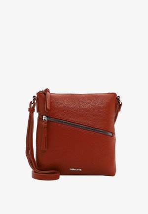 Borsa a tracolla rossa in pelle con finitura testurizzata, dotata di una tasca frontale con cerniera e di una tracolla regolabile per maggiore versatilità.