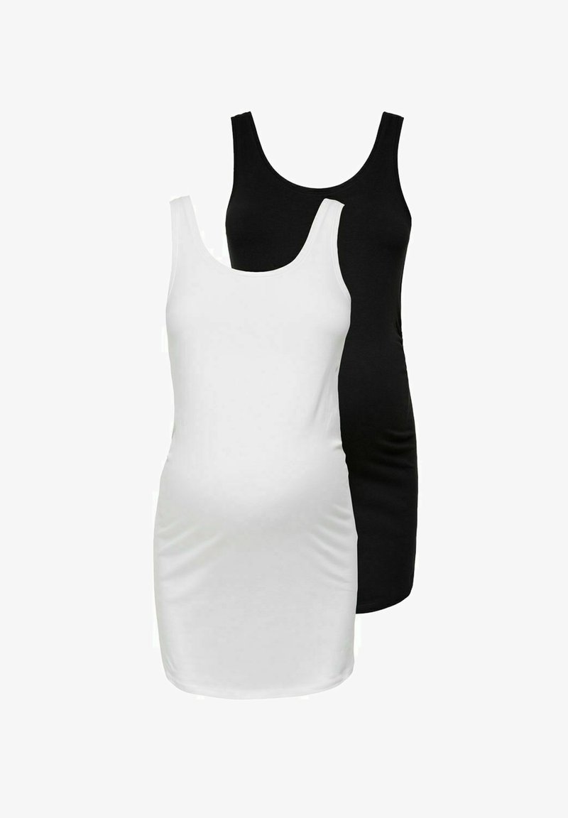 Two tank dresses in black and white, made of stretchy fabric. Fitted design with scooped necklines and gathered side details.