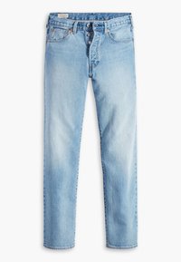 Jean en denim bleu clair avec braguette à boutons, cinq poches, passants de ceinture et coupe droite slim.