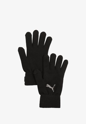 Zwarte gebreide handschoenen met geribde boorden, met een wit Puma-logo op de achterkant van één handschoen en getextureerde vingertoppen voor touchscreens.